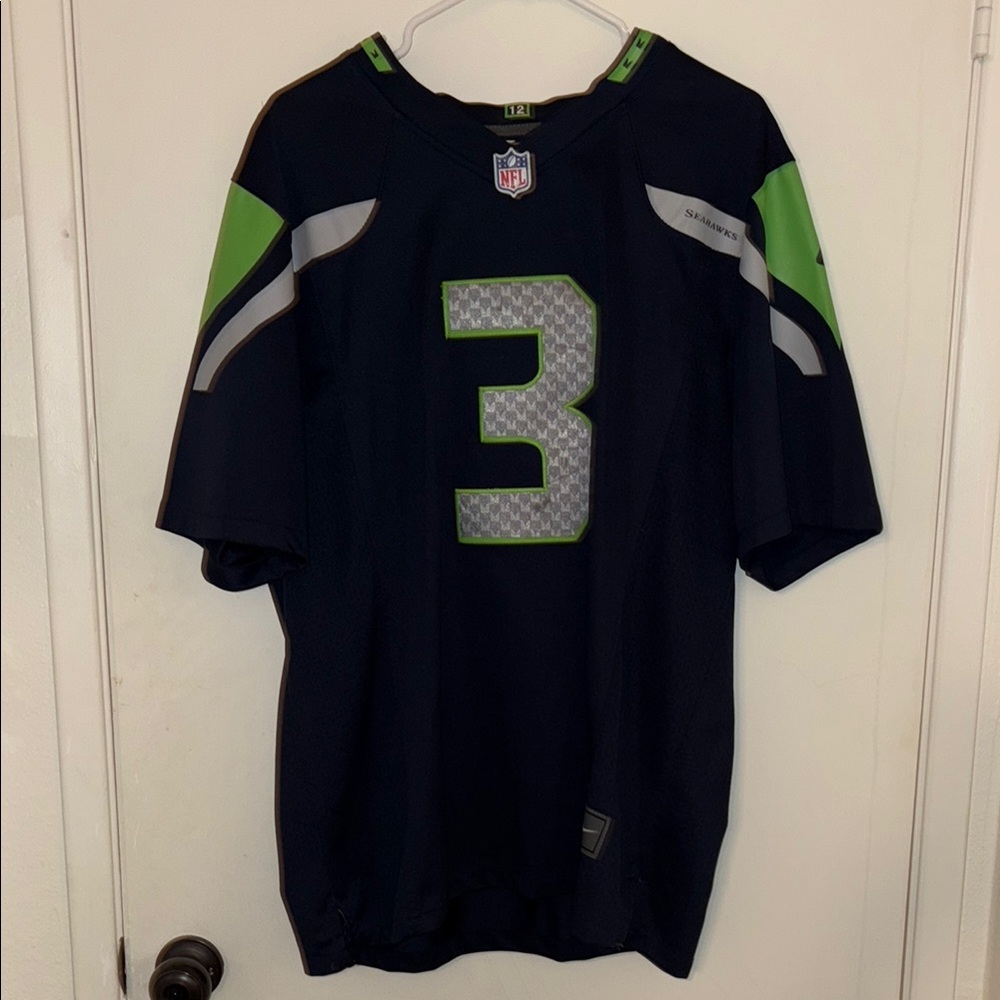 Seahawks NFL Wilson 3 Dark Blue Jersey with Green and Gray Accents Size M